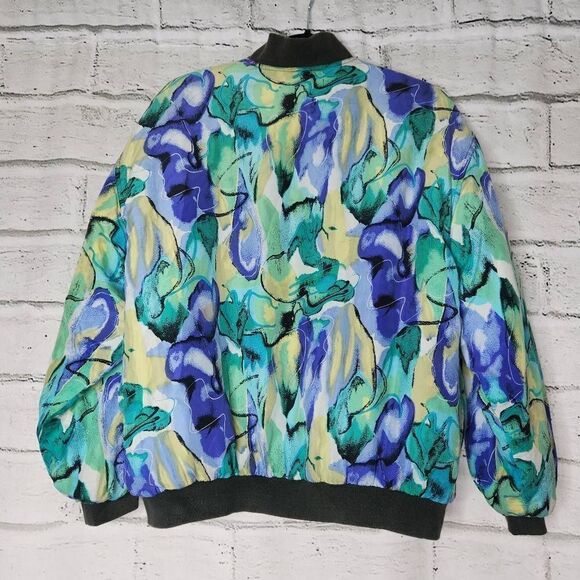 Silk World Abstract Graphic Pattern Ribbed Trim Bomber Jacket Blue Green Large - Picture 7 of 12